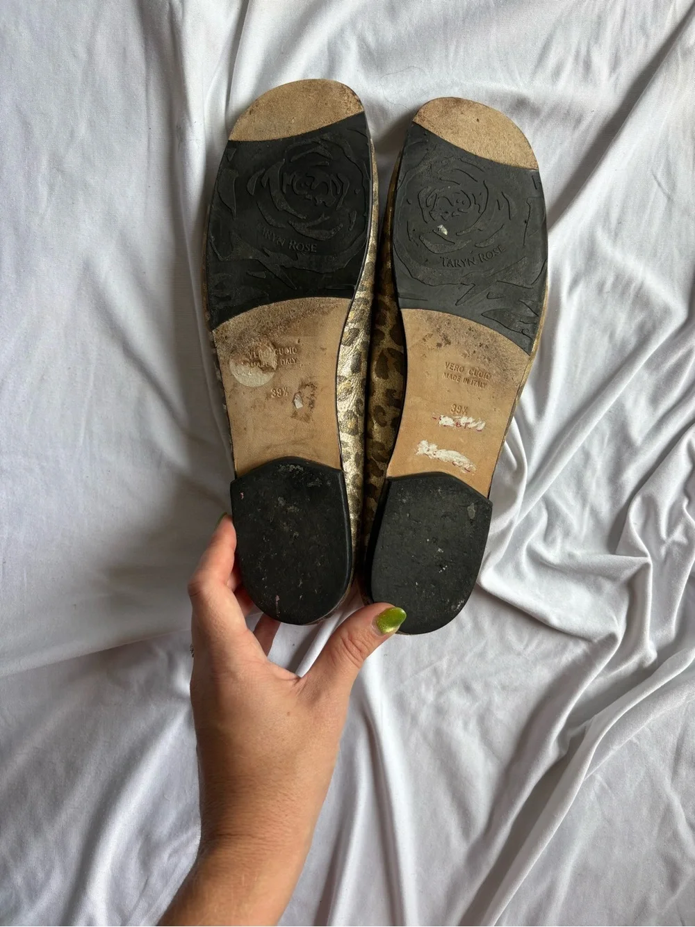 Designer Taryn Rose Leopard Print Gold Leather Ballet Flats made in Italy